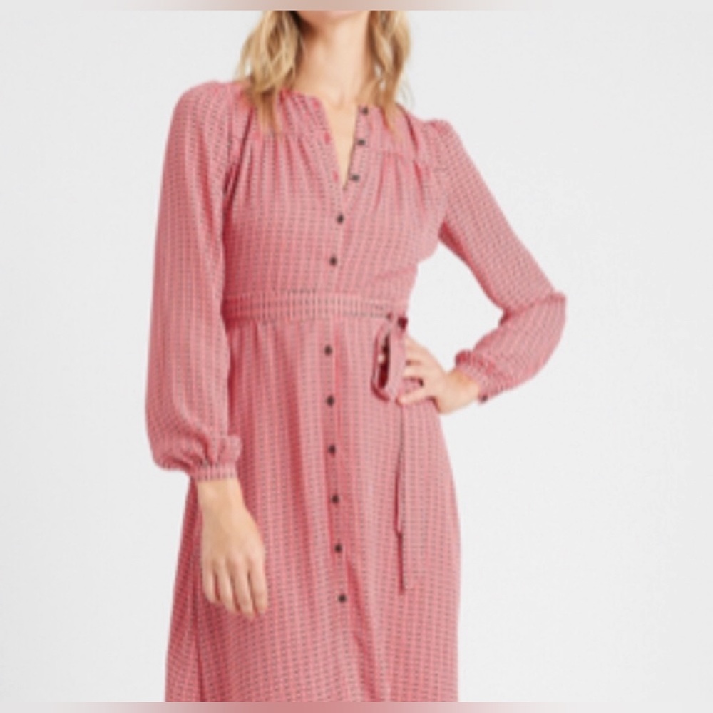 Banana Republic Midi Shirt Dress Pink Geometric Fully Lined Long Sleeve size 0